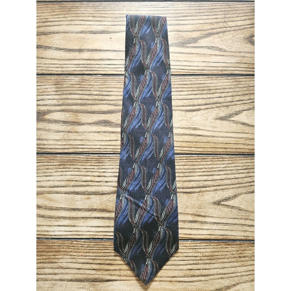 Vintage Wembley Wemsilk Tie Mens Blue Burgundy Abstract Feather Geometric Silk